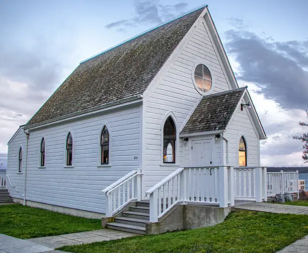 White Wooden Church Exterior Sunset