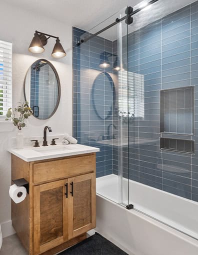 Modern Bathroom Vanity Glass Shower Blue Tile