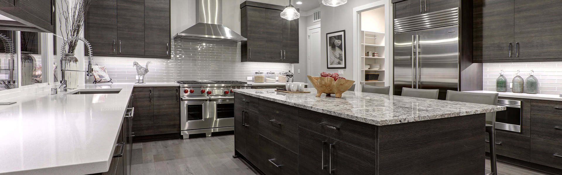 Modern Dark Wood Kitchen Granite Island Stainless Appliances