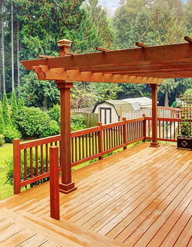 Wooden Backyard Deck Pergola Railing Garden View